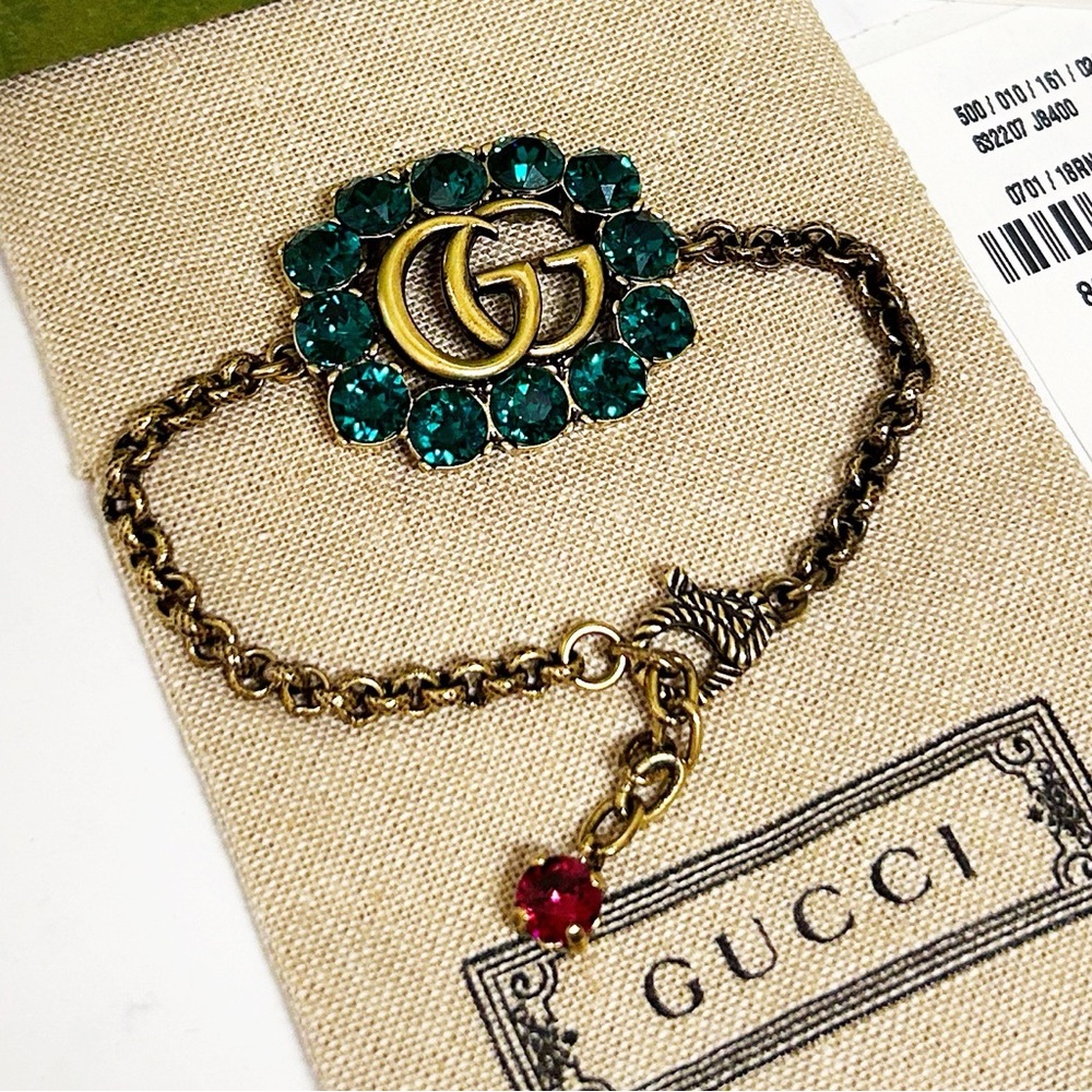 Authentic Gucci Antique Gold Plated Crystal Embellished GG Chain Bracelet - Picture 11 of 15
